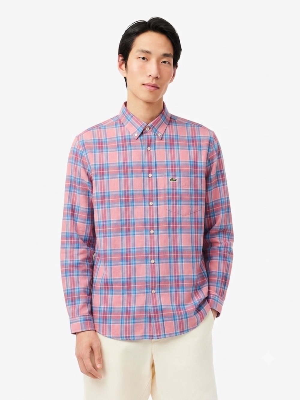 154 LACOSTE Men's Classic Fit LS Madras Check Button Down Shirt - Pink/ Blue, XL